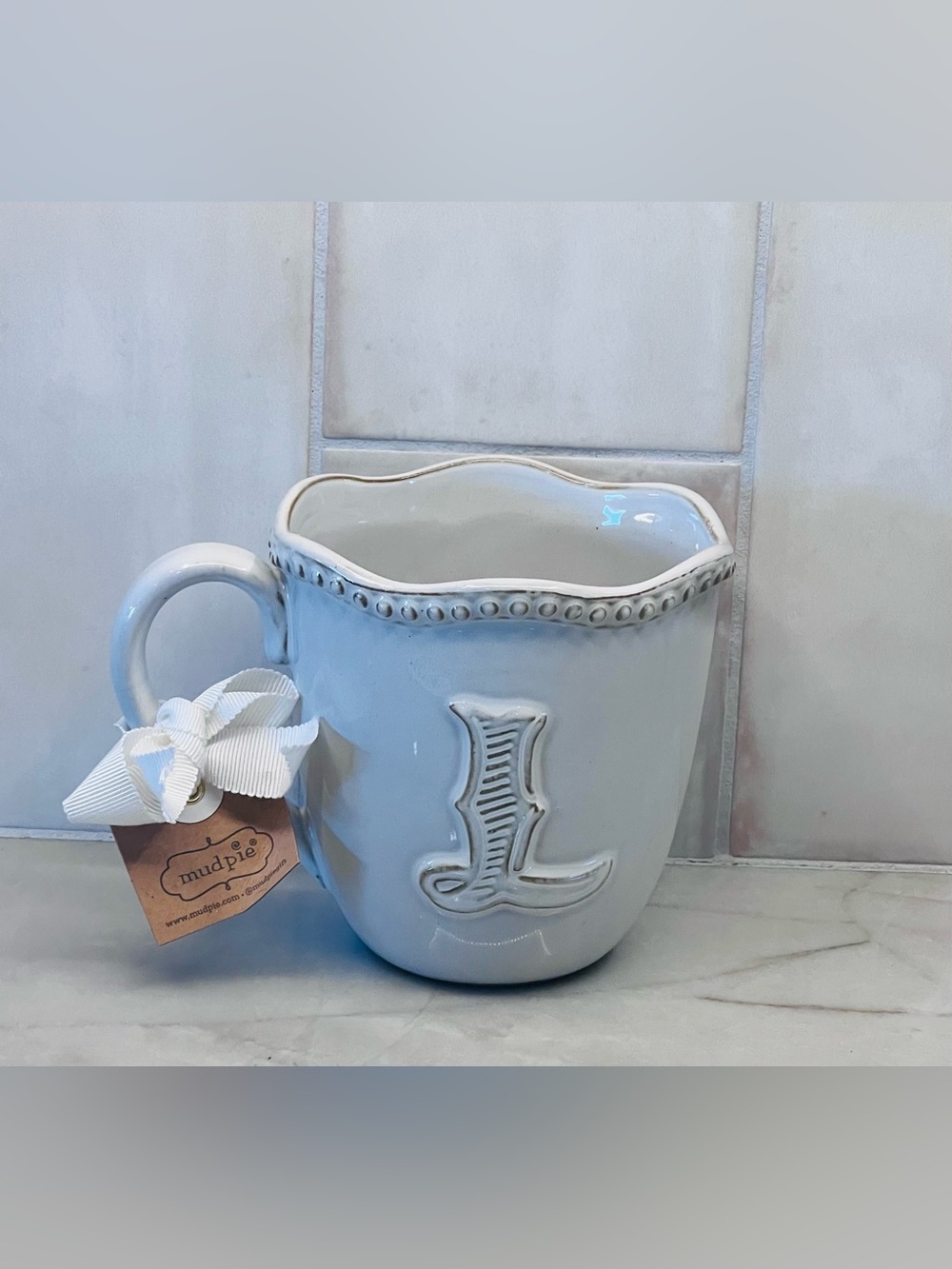 Mud Pie White Ceramic with Beaded Rim and Letter L Cup Mug NWT